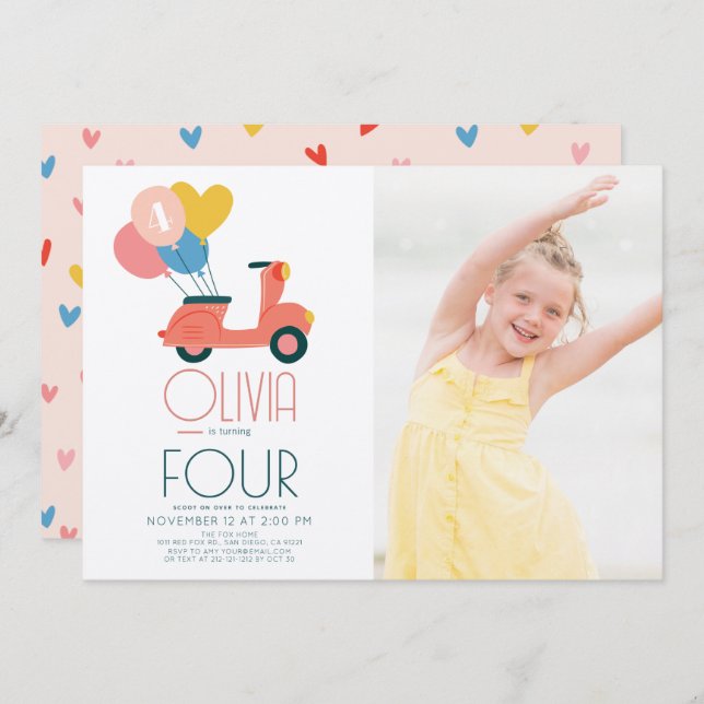 Convite Foto de aniversário de Patinete rosa de balões de  (Frente/Verso)