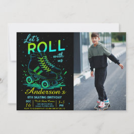 Convite Foto de Aniversário de Patins de Rolo Neon Retrô
