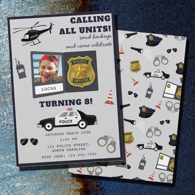 Convite Foto de Aniversário de Policial com Tema Policial (Police Themed Policeman Cop Birthday Photo Invitation)