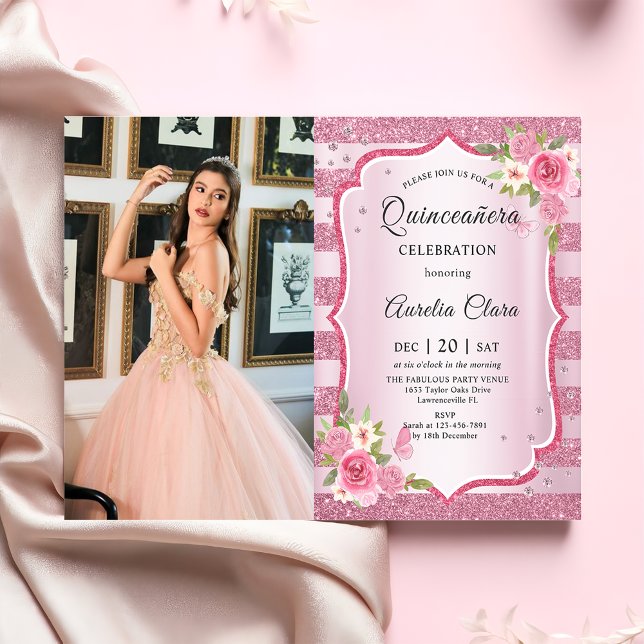 Convite Foto de aniversário de Quinceañera, cor-de-rosa, (Criador carregado)