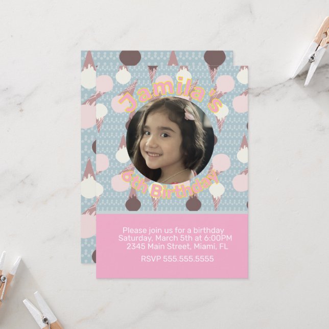 Convite Foto de aniversário de sorvete (Frente/Verso In Situ)