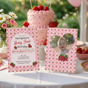 Convite Foto de Aniversário de Um Ano da Berry com Gingham