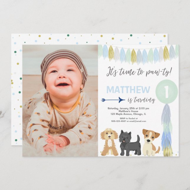 Convite Foto de aniversário de um filhote de cachorro, dou (Frente/Verso)