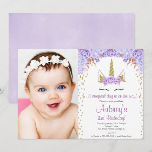 Convite Foto de aniversário de uma menina unicórnica roxa