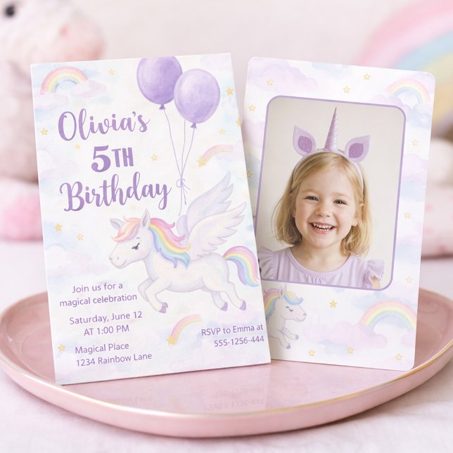 Convite Foto de Aniversário de Unicórnio Arco-íris Pastel (Pastel Unicorn Birthday Invite for Girl with Crown and Rainbow Hair)