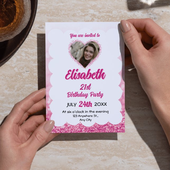 Convite Foto de Aniversário do 15 com brilho rosa e branco (Pink & White Glitter 15th Birthday Photo Invitations - Festive & Feminine Quinceañera/Sweet 15 Party)