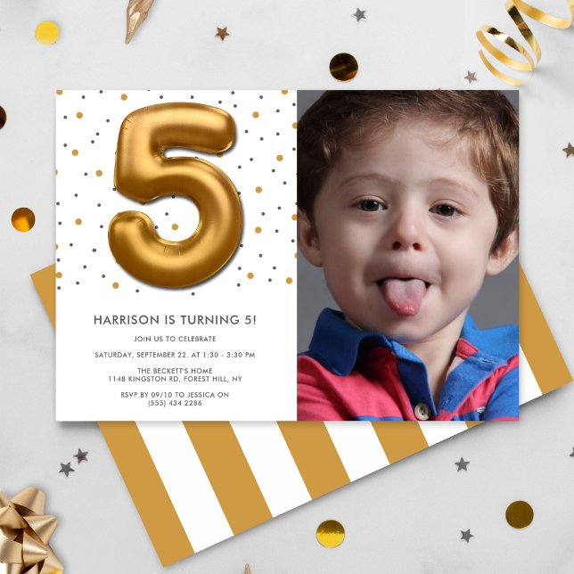 Convite Foto de Aniversário do 5 de Balão de Folha de Ouro (Criador carregado)