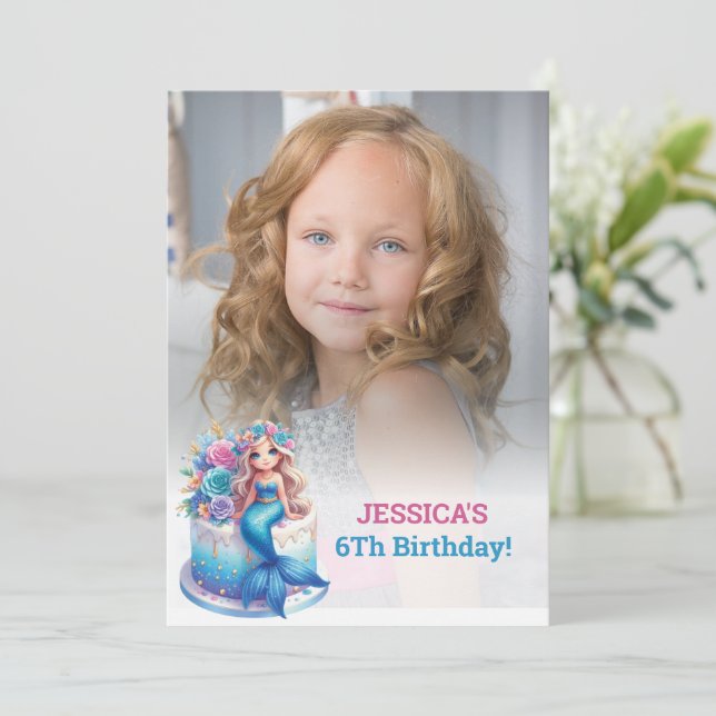 Convite Foto de Aniversário do 6 de Sereia Mágica da Glitt (Em pé/Frente)