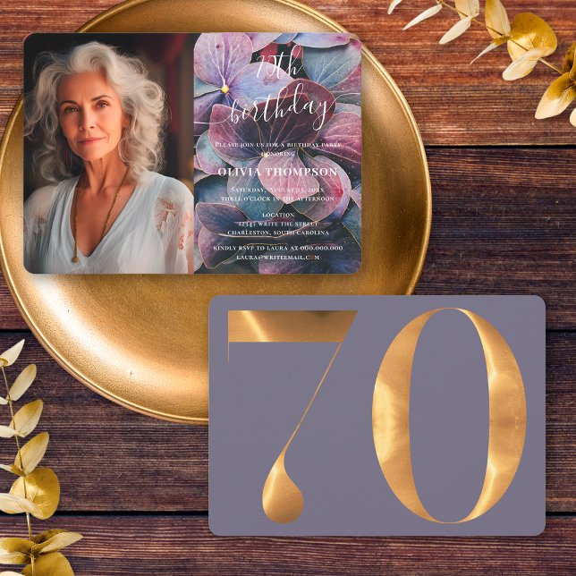 Convite Foto de aniversário do 70 de Hydrangeas Azul Roxo  (Front / Back)
