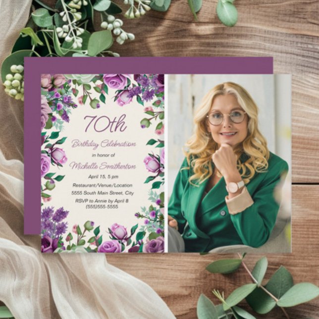Convite Foto de Aniversário do 70 Floral Verde de Mente Ro (Purple floral and mint green leaves 70th birthday photo invitation)