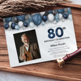 Convite Foto de Aniversário do 80 Azul Preto e Branco