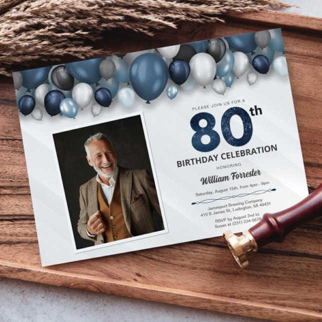 Convite Foto de Aniversário do 80 Azul Preto e Branco (Blue Silver Black & White 80th Birthday Photo Invitation)