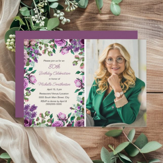 Convite Foto de Aniversário do 80 Floral Verde de Mente Ro (Purple floral and mint green leaves 80th birthday photo invitation)