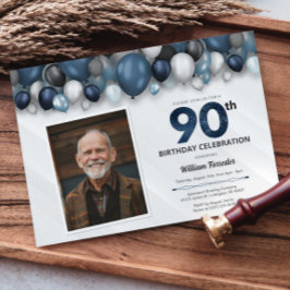 Convite Foto de Aniversário do 90 Azul Preto e Branco