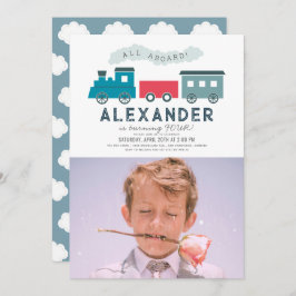 Convite Foto de Aniversário do Comboio a Vapor Blue Boy