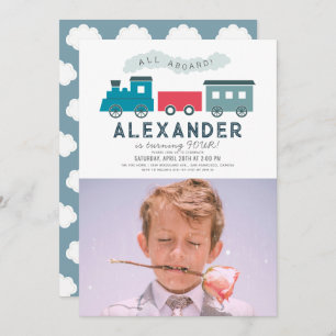 Convite Foto de Aniversário do Comboio a Vapor Blue Boy