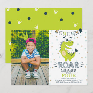 Convite Foto de Aniversário do Dinossauro verde ROAR
