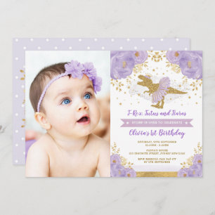 Convite Foto de aniversário do Dourado Dinossauro T Rex Gi