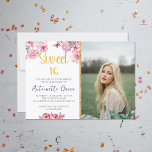 Convite Foto de aniversário do Dourado Script Floral Cor-d<br><div class="desc">Celebrar o marco de tornar o 16 Doce com o nosso convite de aniversário encantador. Projetado com vibrantes flores cor-de-água rosa, um falso roteiro de caligrafia dourada com a leitura "Sweet 16" e uma foto personalizada da aniversariante, este convite dá o tom perfeito para uma celebração memorável. A combinação de...</div>