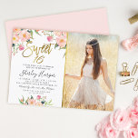 Convite Foto de aniversário do Dourado Script Floral Cor-d<br><div class="desc">Dourado Script Floral Cor-de-Rosa Sweet 16 Aniversário Foto Convite</div>
