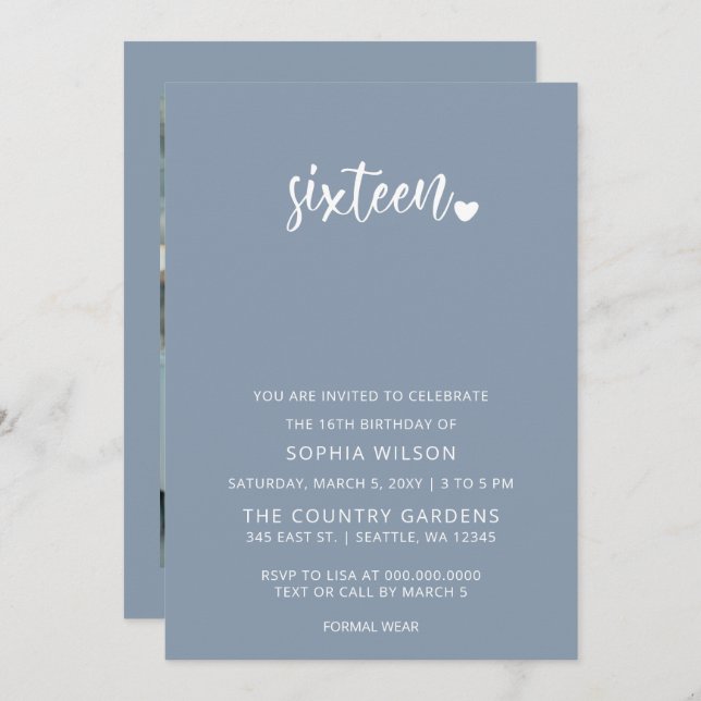 Convite Foto de aniversário do Dusty Blue Simple Script Sw (Frente/Verso)