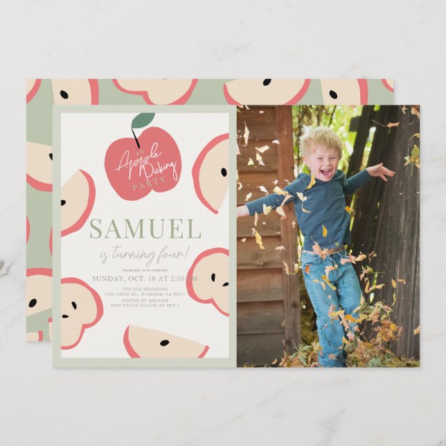 Convite Foto de Aniversário do Menino Verde da Apple Picti (Frente/Verso)