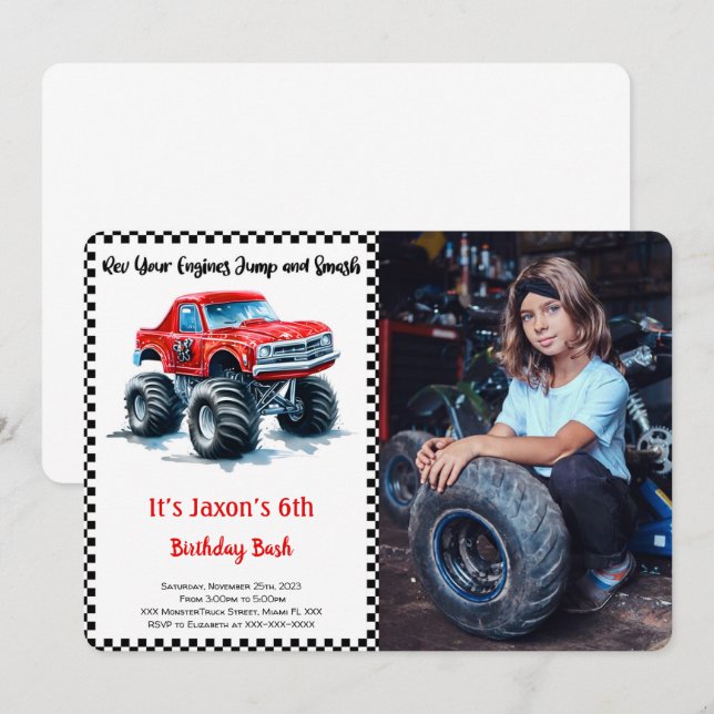 Convite Foto de Aniversário do Monstro do Menino Editável (Frente/Verso)