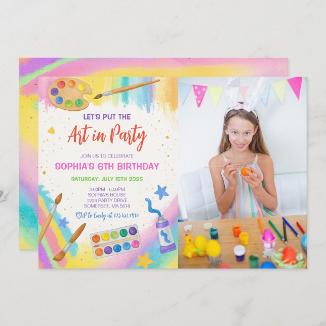 Convite Foto de Aniversário do Partido de Pintura Editável (Frente/Verso)