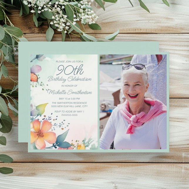 Convite Foto de Aniversário do Pastel Floral 90 do Teal Am (Pastel floral 90th birthday photo invitation)