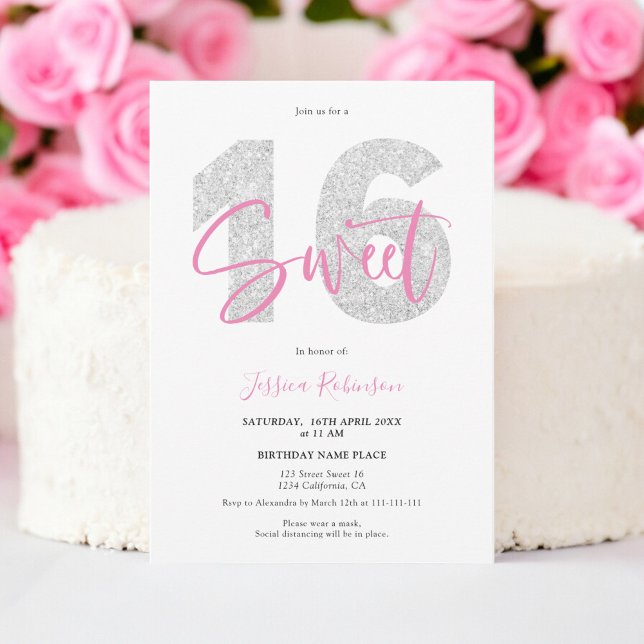 Convite Foto de aniversário do programa Sweet 16 (Silver glitter Sweet 16 script photo birthday Invitation)