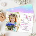 Convite Foto de aniversário do Rainbow Floral Magical Unic<br><div class="desc">Convite de Foto de Aniversário do Rainbow Floral Magical Unicorn Girl</div>