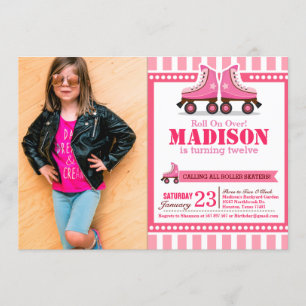 Convite Foto de Aniversário do Skate do Roller Rosa