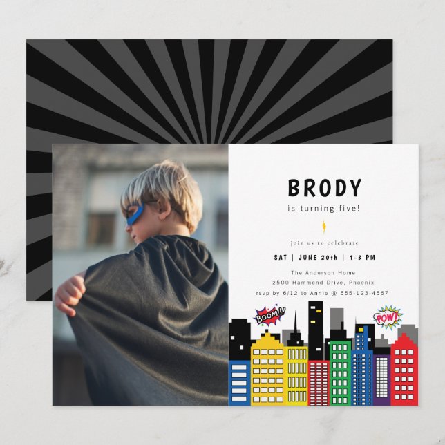 Convite Foto de Aniversário do Tema do Super-Herói (Frente/Verso)