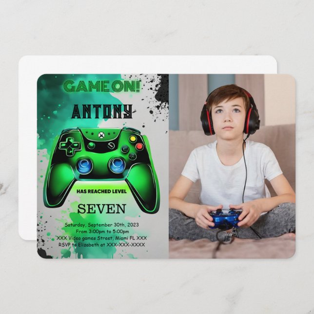 Convite Foto de Aniversário do Vídeo Game (Frente/Verso)