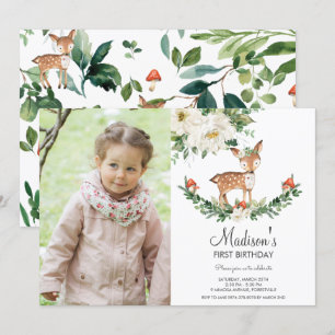 Convite Foto de Aniversário do White Floral Deer Fawn Wood