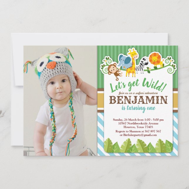 Convite Foto de aniversário do zoológico Safari da selva a (Frente)