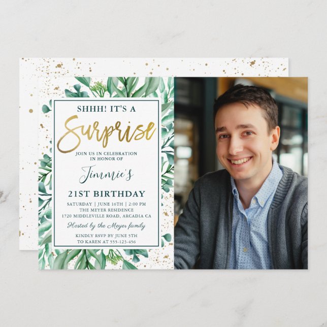 Convite Foto de aniversário Dourada Glitter Greenery Surpr (Frente/Verso)