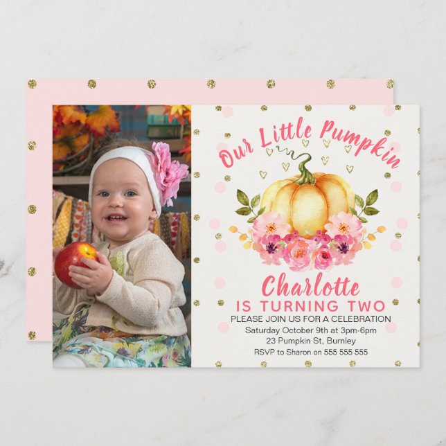 Convite Foto de Aniversário Floral Little Pumpkin (Frente/Verso)