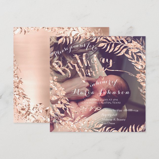 Convite Foto de Aniversário Foto com Rosa Dourado Blush Fl (Frente/Verso)