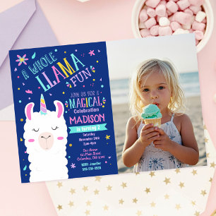 Convite Foto de Aniversário Mágico de Llama Unicórnio