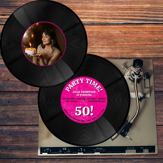Convite Foto de aniversário marco com disco de vinil retrô (Retro Vinyl Record Music Milestone Birthday Photo Invitation)