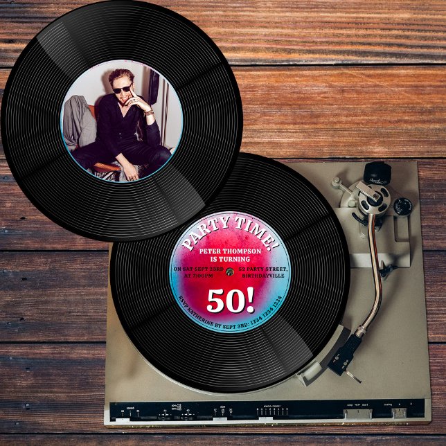 Convite Foto de Aniversário Marco com Disco de Vinil Retro (Retro Vinyl Record Music Milestone Birthday Photo Invitation)