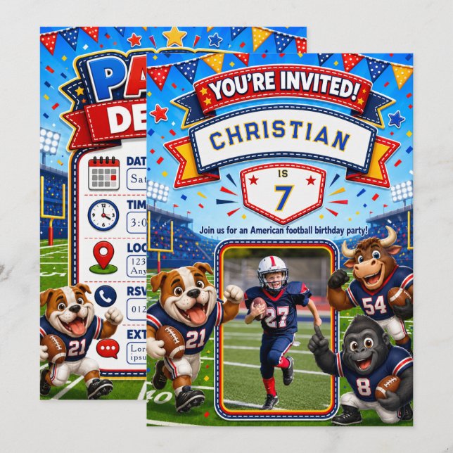 Convite Foto de aniversário personalizada de futebol ameri (Frente/Verso)