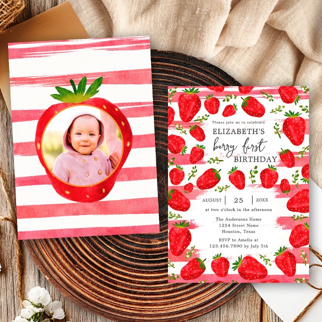 Convite Foto de Aniversário Personalizada Morango Branco R (Criador carregado)
