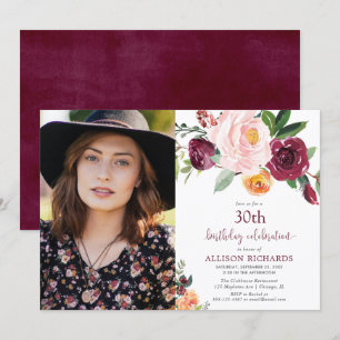 Convite Foto de aniversário rosa de burgundy floral