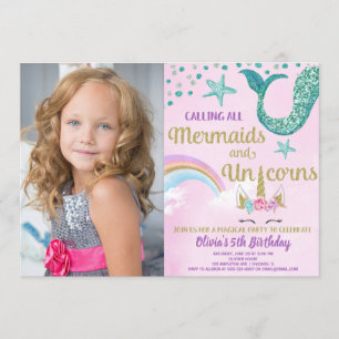 Convite Foto de aniversário rosa de ouro das sereias e Uni