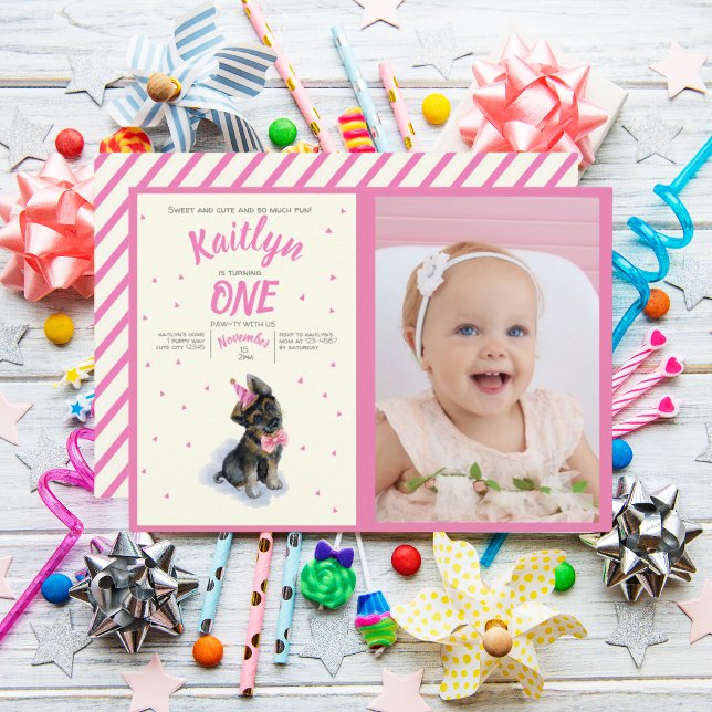 Convite Foto de Aniversário Rosa Rosa 🐶 German shepherd P (Puppy 🐶 German Shepherd Pink Birthday Photo Invitation)