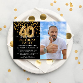 Convite Foto de Aniversário Surpresa Moderno Preto e Doura