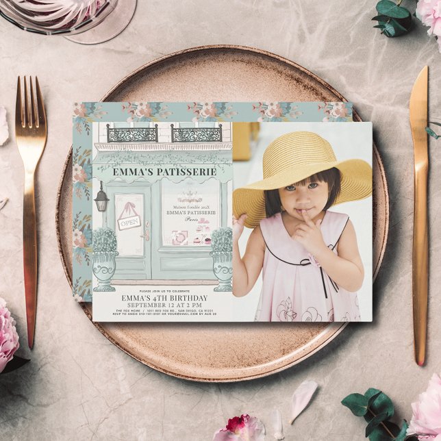 Convite Foto de aniversário verde Patisserie da padaria fr (Criador carregado)
