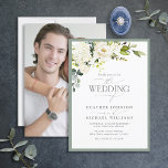 Convite Foto de Aquarela Floral Verde da Cinza Branca Eleg<br><div class="desc">Baseado no nosso Chá de panela mais vendido, este maravilhoso e elegante convite para casamento apresenta um buquê de flores brancas como rosas e hydrangea, e verde botânico, e é bordado em uma cinza verde macia. Personalize seus detalhes acentuados com uma bela caligrafia feita à mão moderna em branco suave...</div>